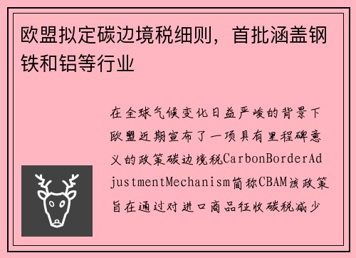 欧盟拟定碳边境税细则，首批涵盖钢铁和铝等行业