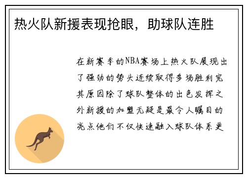 热火队新援表现抢眼，助球队连胜